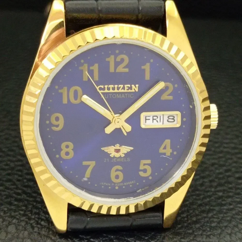 Vintage 1980 Citizen Automatic Mens Gold Watch W/daydate & Blue accents